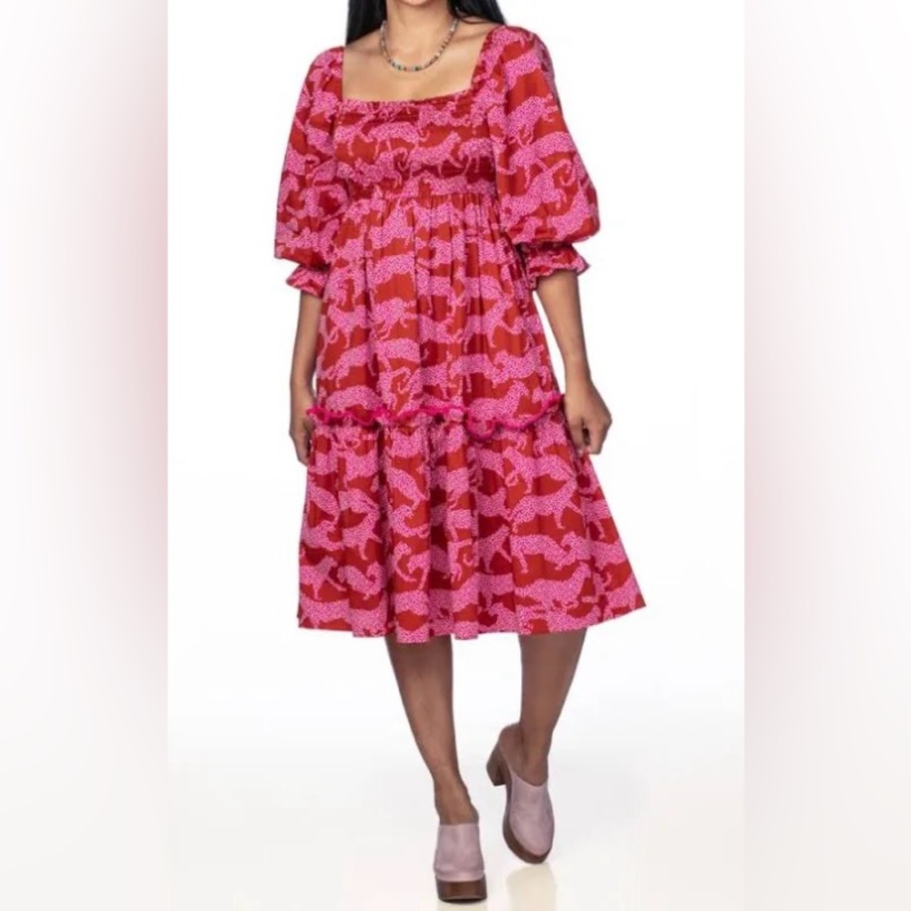 CROSBY by Mollie Burch jumping jaguar Red and Pink Smocked Midi Dress
